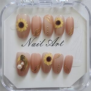 Sunflower Gold Chrome & Pearl Accents Almond Press On Nails - Size Small